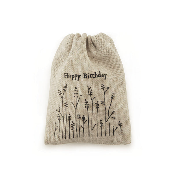 East Of India Hessian Drawstring Gift Bag - Happy Birthday.