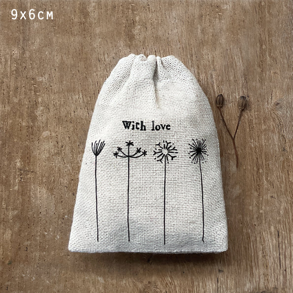 East Of India Hessian Drawstring Gift Bag - With Love.
