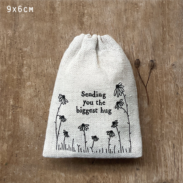East Of India Hessian Drawstring Gift Bag - Sending You The Biggest Hug.