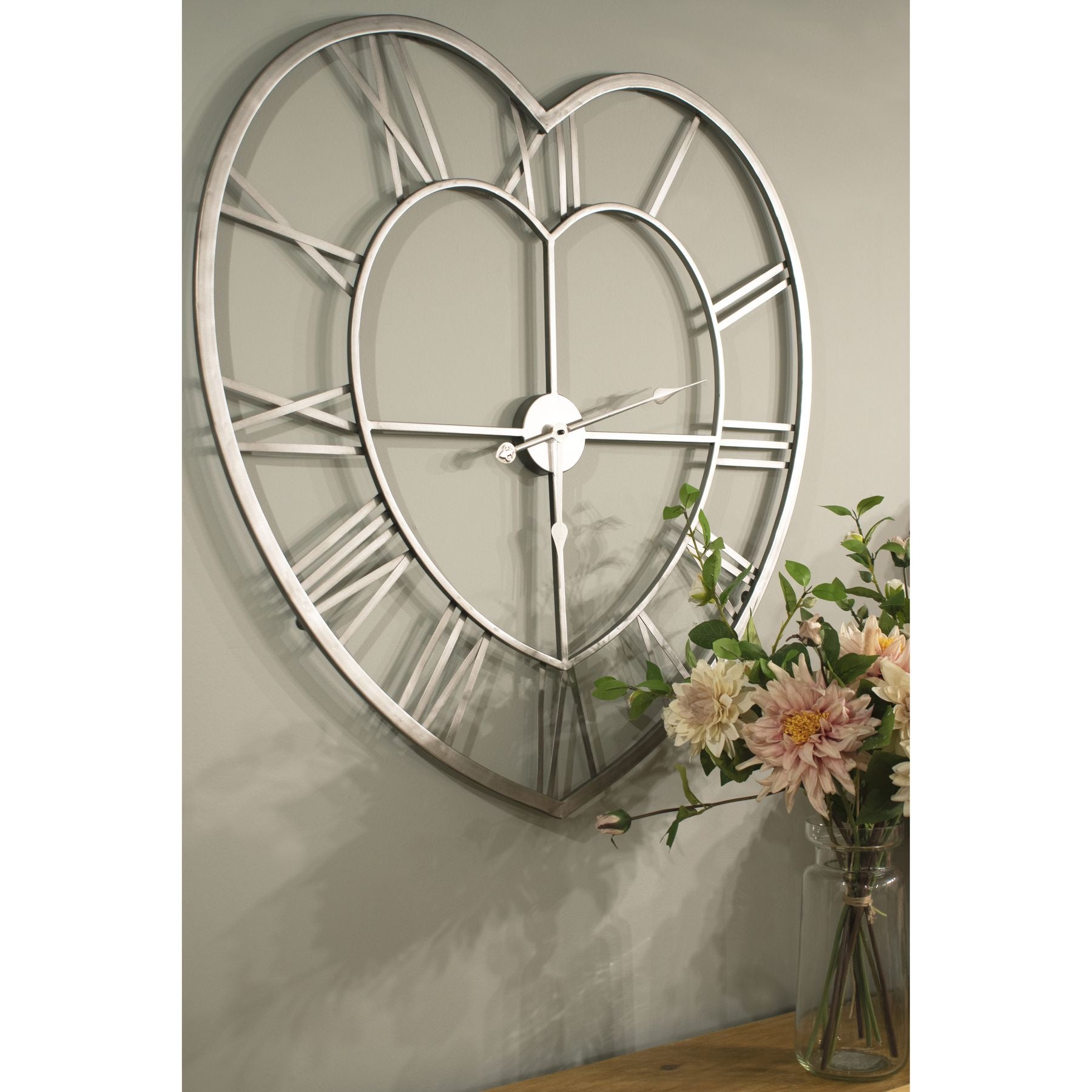 Hill Interiors Heart Shaped Metal Wall Clock Silver Colour Large Skeleton Wall Clock With Roman Numerals Battery Operated