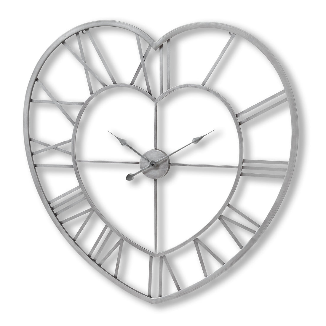Hill Interiors Heart Shaped Metal Wall Clock Silver Colour Large Skeleton Wall Clock With Roman Numerals Battery Operated