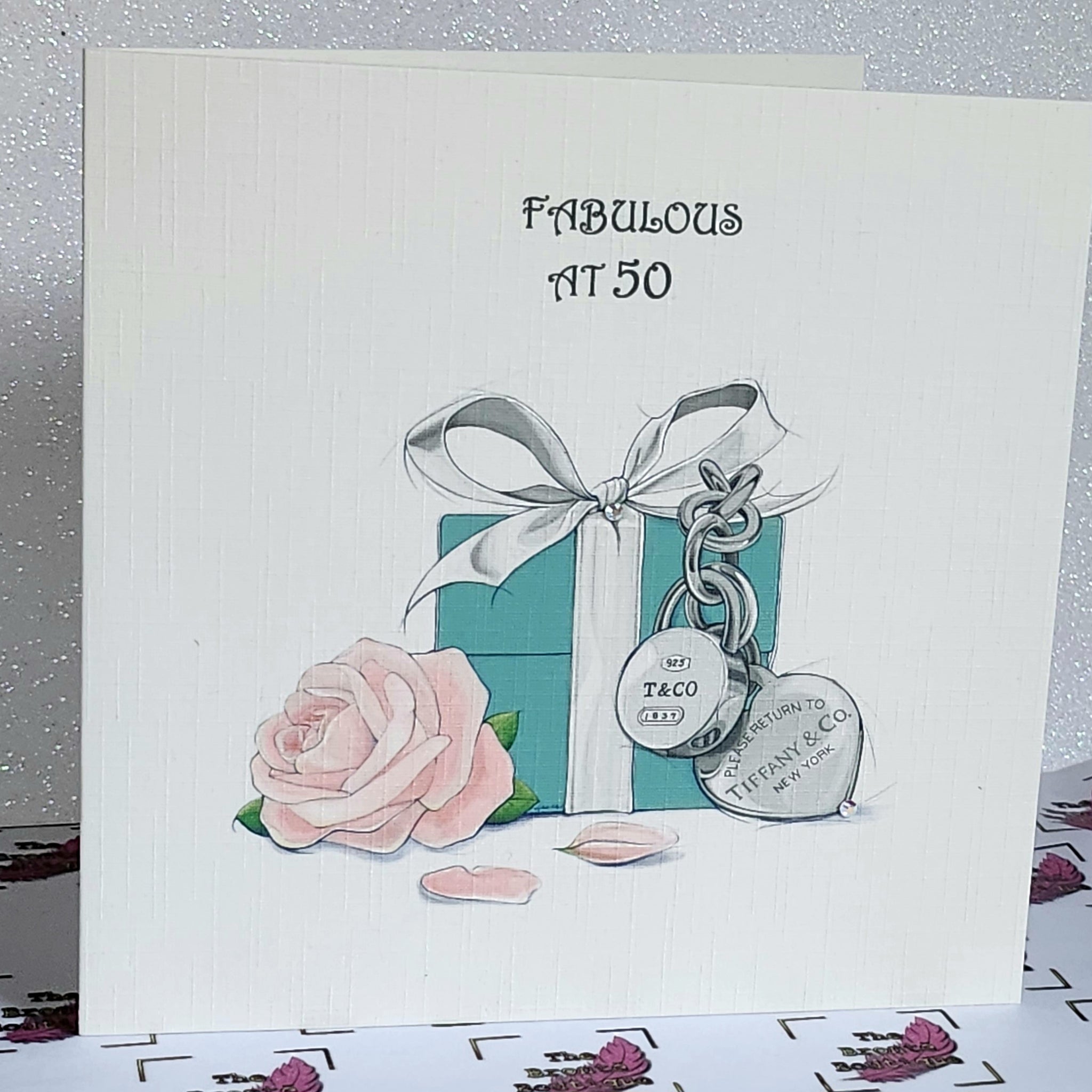 50th Birthday Card Watercolour Tiffany Gift Box And Flower Genuine Flat Backed Swarovski Crystal Fabulous At 50