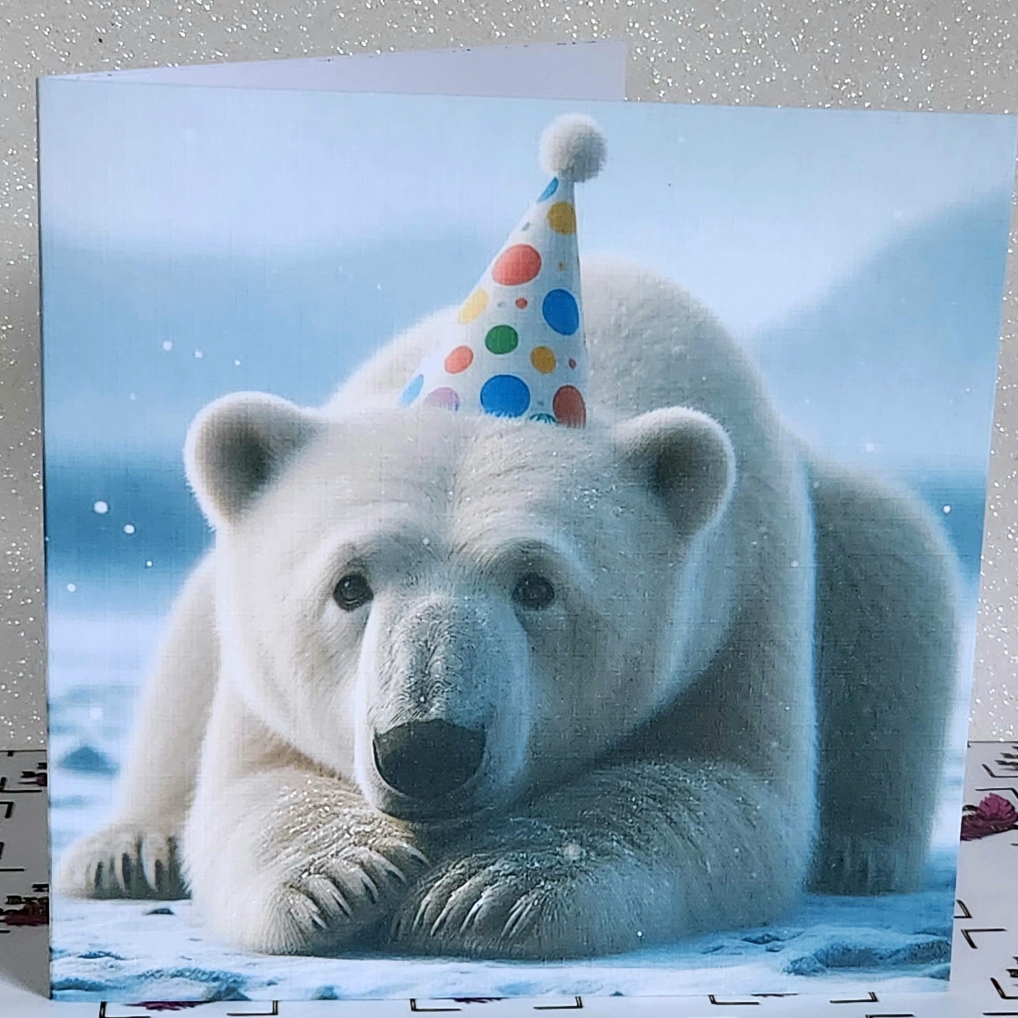 Polar Bear Birthday Card Polar Bear Wearing Birthday Hat Happy Birthday Dad Son Sister Aunt Handmade Linen Effect Card Square Free Delivery