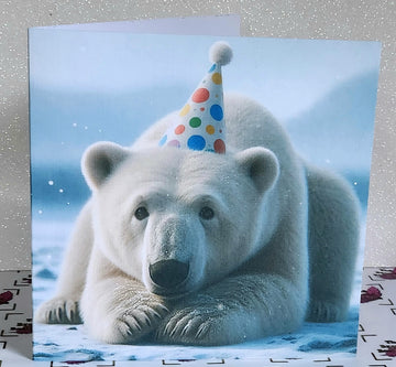 Polar Bear Birthday Card Polar Bear Wearing Birthday Hat Happy Birthday Dad Son Sister Aunt Handmade Linen Effect Card Square Free Delivery