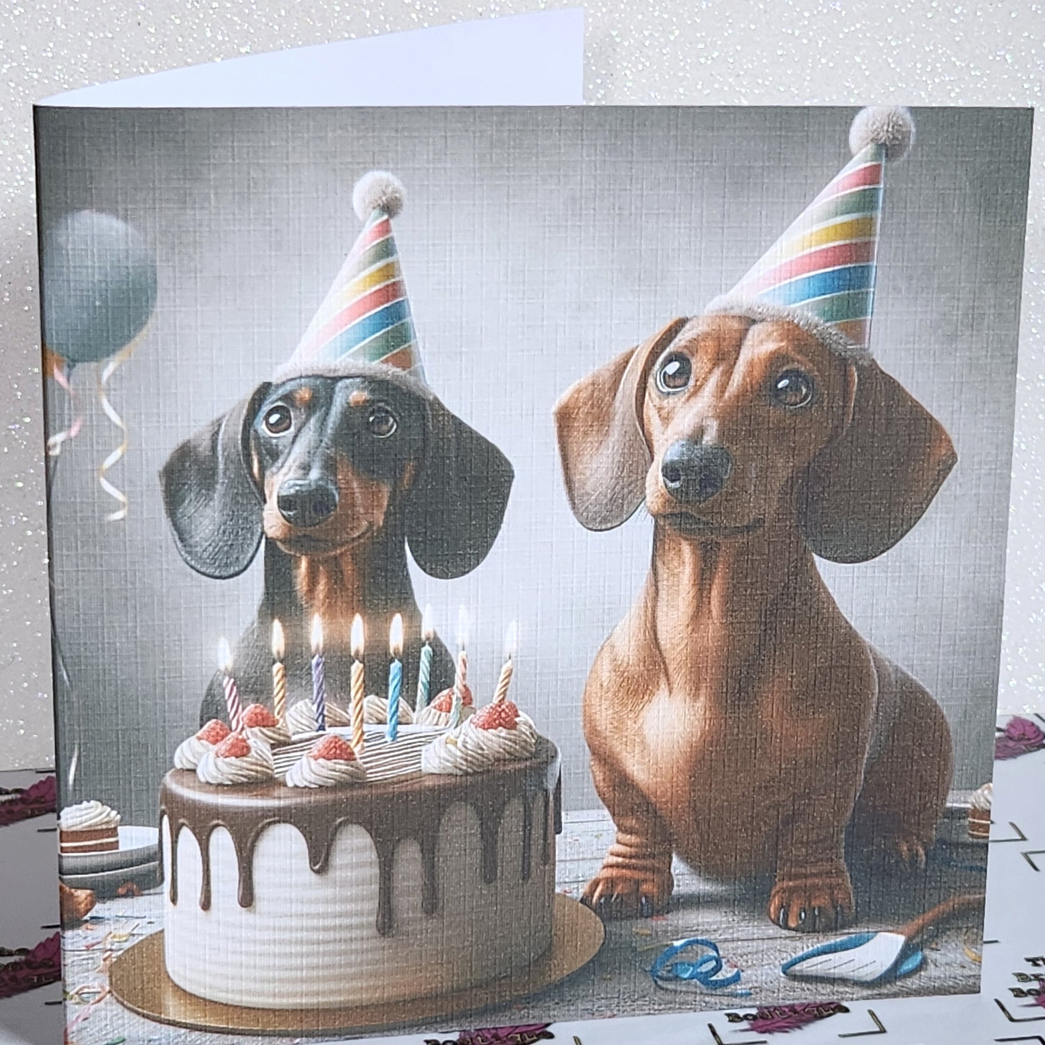 Dachshund Birthday Card Dachshunds Wearing Birthday Hats Happy Birthday Dad Son  Sister Aunt Handmade Linen Effect Card Square Free Delivery (Copy)