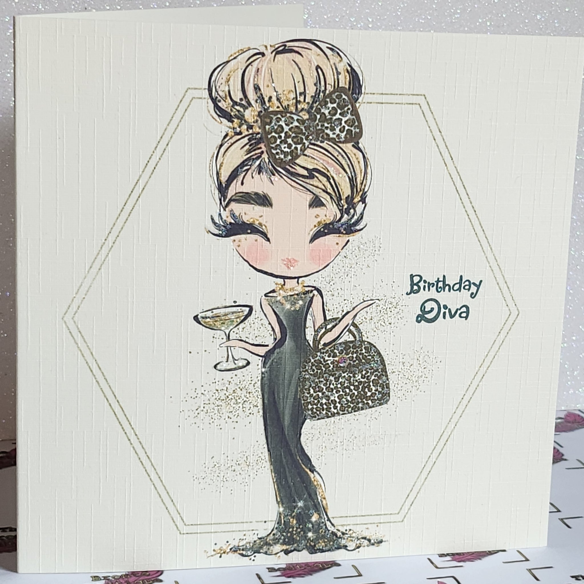 Birthday Diva Card Blonde Girl Black Dress Leopard Print Handbag Square Champagne Messy Bun Swarovski Crystal Glitter Free Delivery
