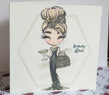 Birthday Diva Card Blonde Girl Black Dress Leopard Print Handbag Square Champagne Messy Bun Swarovski Crystal Glitter Free Delivery