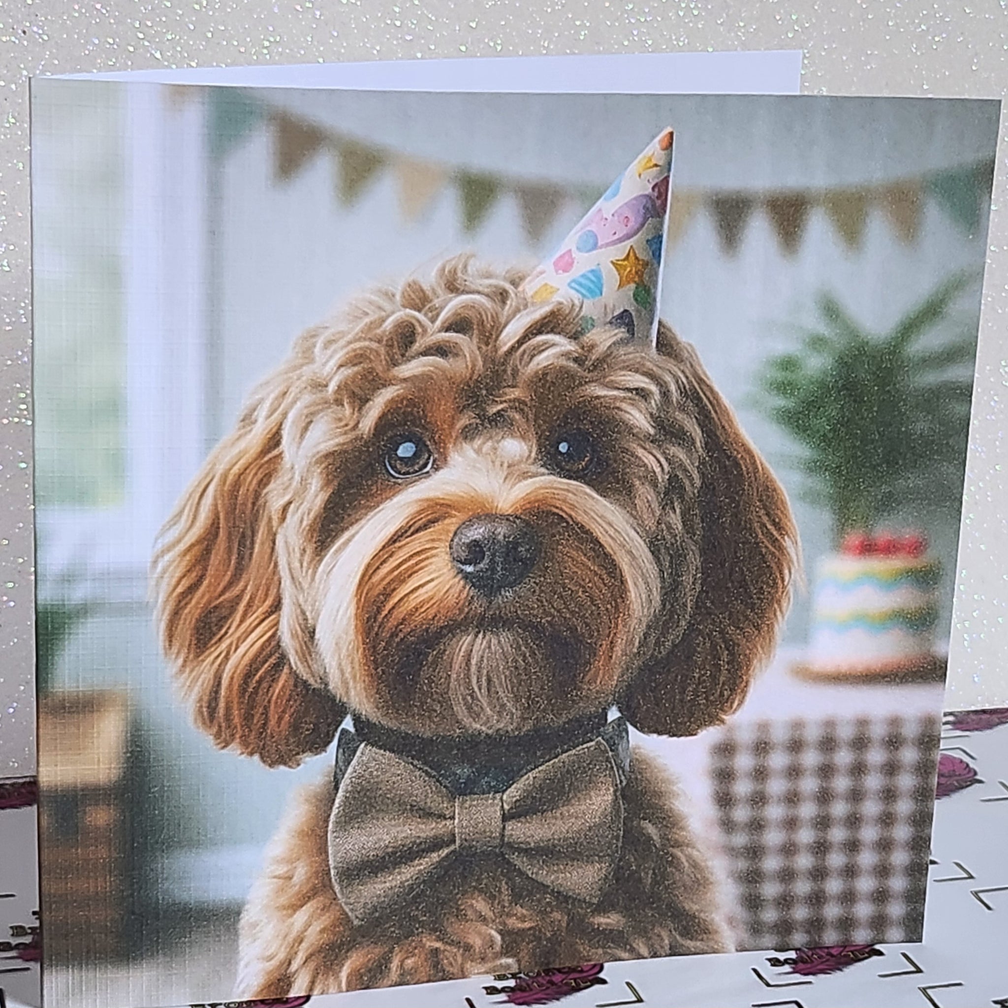 Cockapoo Birthday Card Cockapoo Wearing Birthday Hat & Bow Tie Happy Birthday Mummy Daddy Handmade Linen Effect Card Square Free Delivery (Copy)