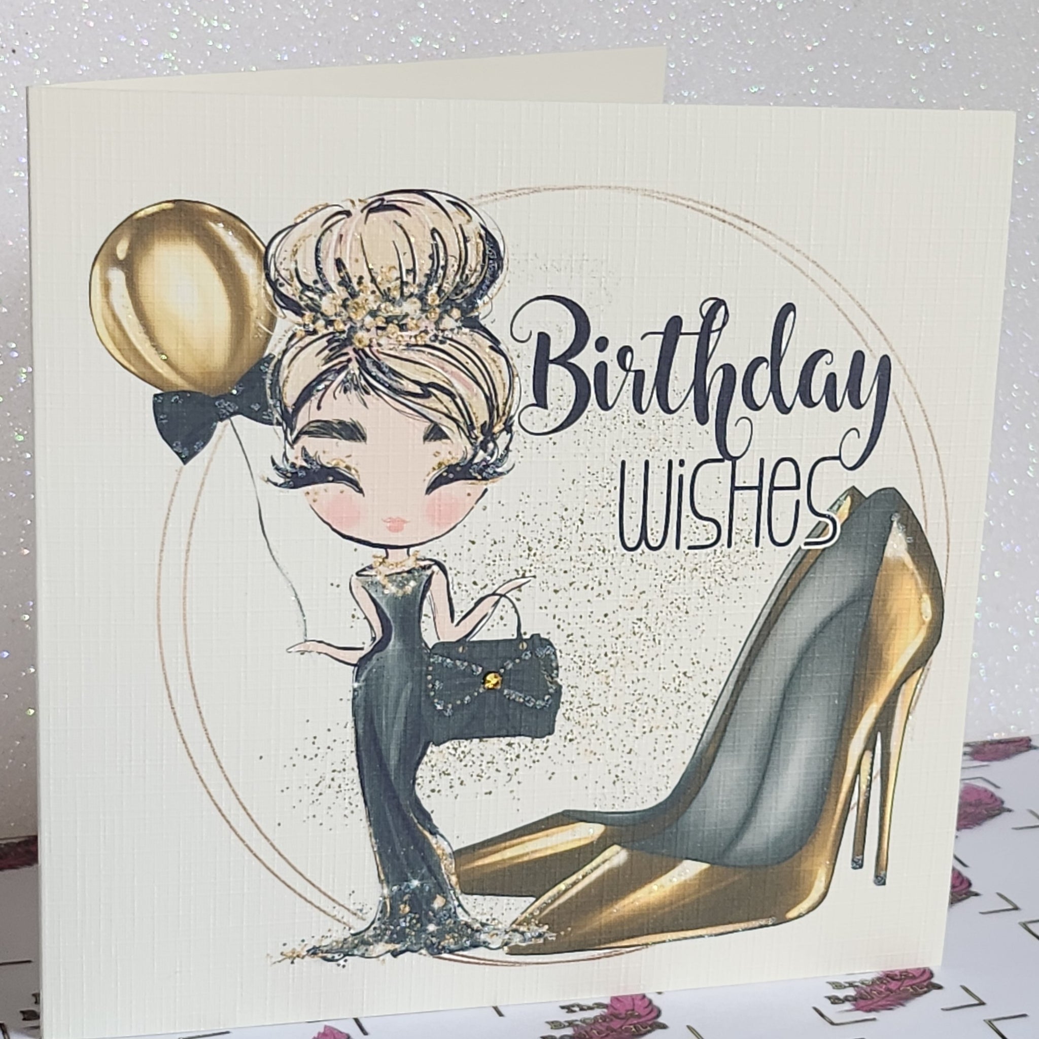 Birthday Wishes Card Blonde Girl Black Dress Leopard Print Handbag Gold Stiletto Shoe Square Messy Bun Swarovski Crystal Free Delivery