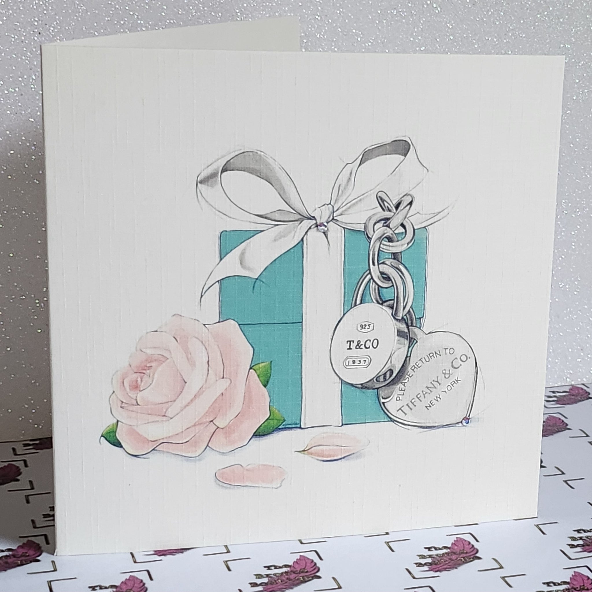 Tiffany Watercolour Card Tiffany Gift Box And Flower Genuine Flat Backed Swarovski Crystal Wedding Engagement Exams Birthday Free Delivery