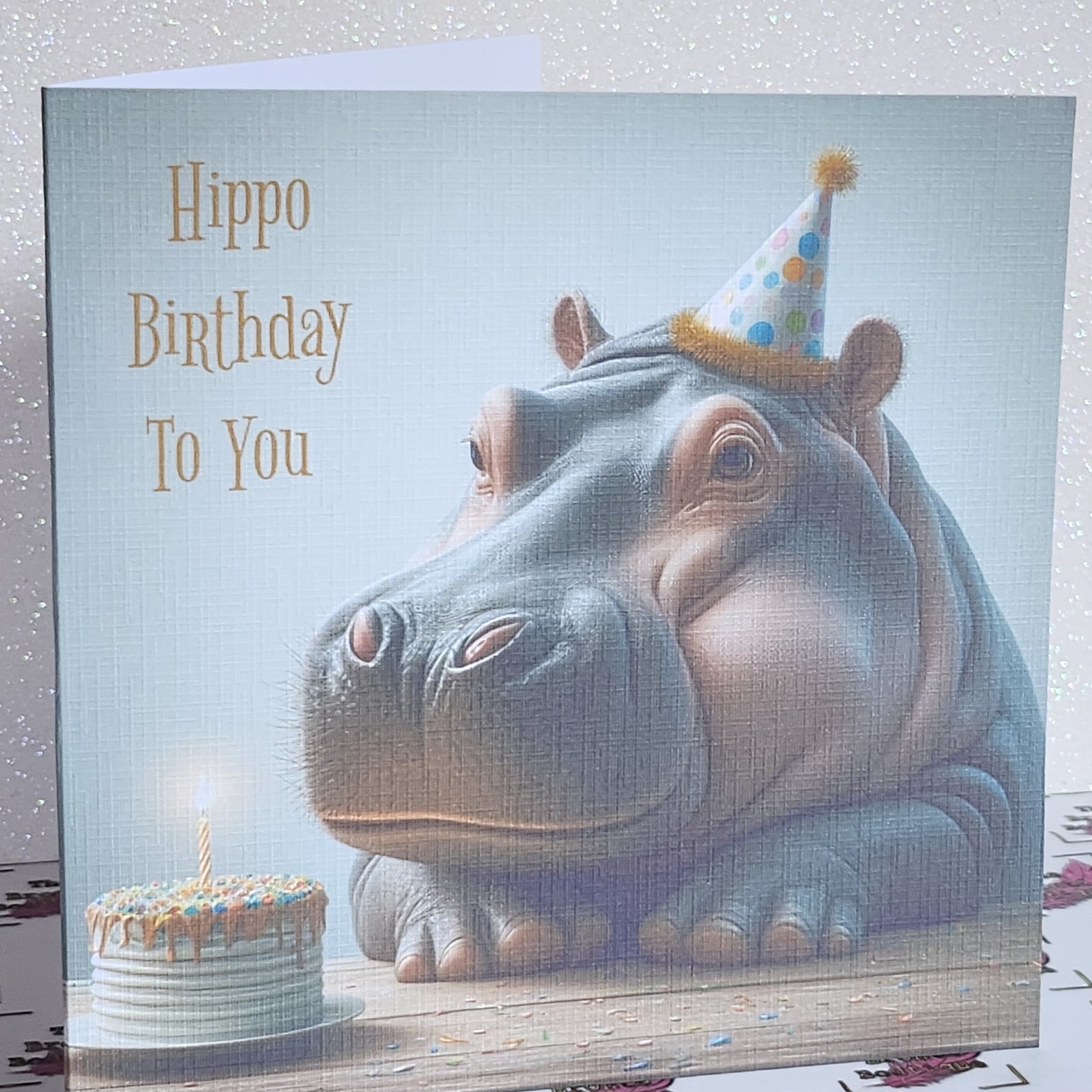 Hippo Birthday Card Hippopotamus Wearing Birthday Hat With Birthday Cake 'Hippo Birthday To You' Handmade Linen Effect Square Free Delivery