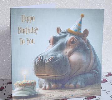Hippo Birthday Card Hippopotamus Wearing Birthday Hat With Birthday Cake 'Hippo Birthday To You' Handmade Linen Effect Square Free Delivery