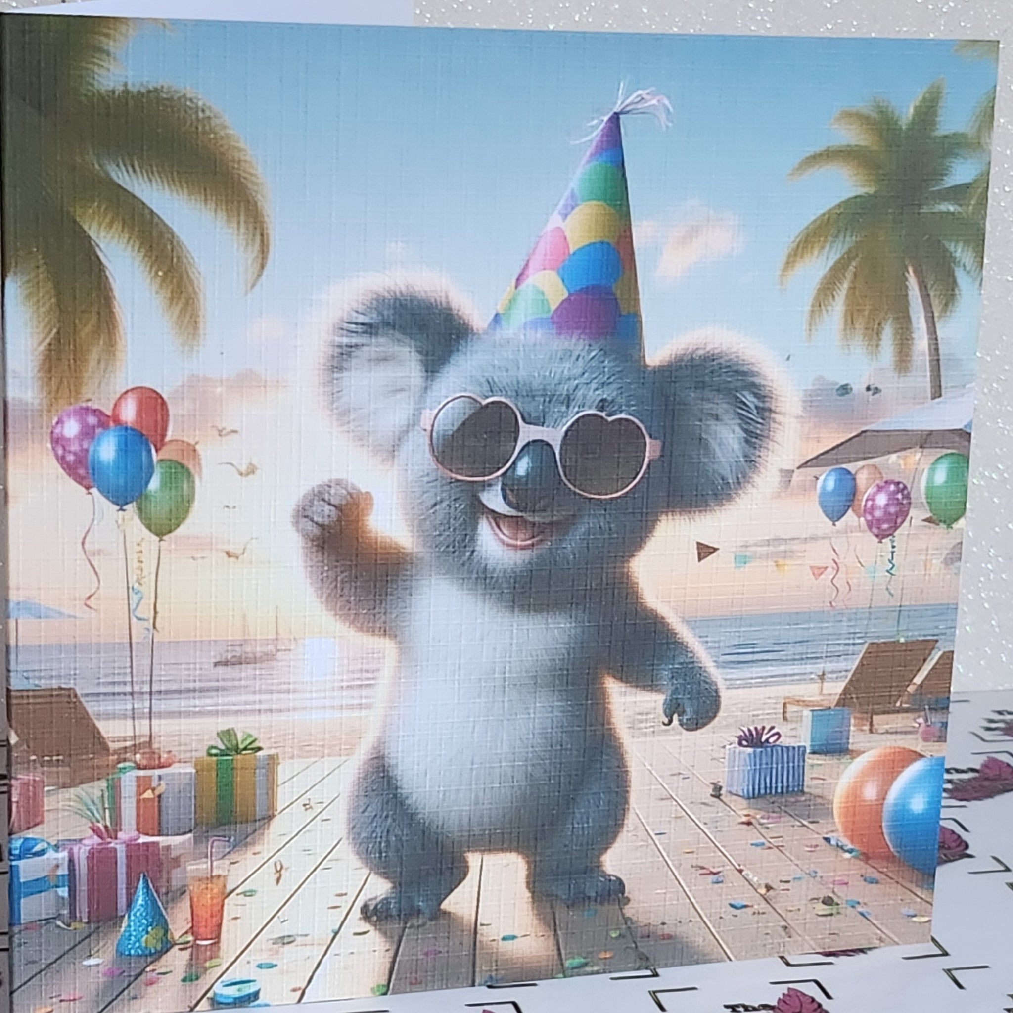 Koala Bear Birthday Card Dancing Koala Wearing Birthday Hat & Sunglasses Birthday Presents Handmade Linen Effect Card Square Free Delivery