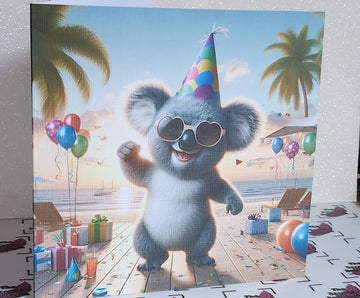 Koala Bear Birthday Card Dancing Koala Wearing Birthday Hat & Sunglasses Birthday Presents Handmade Linen Effect Card Square Free Delivery