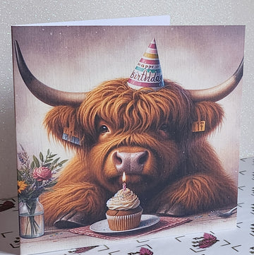 Highland Cow Birthday Card Highland Coo With Birthday Hat And Cupcake Handmade Linen Effect Card Square Free Delivery Highland Cow Friend