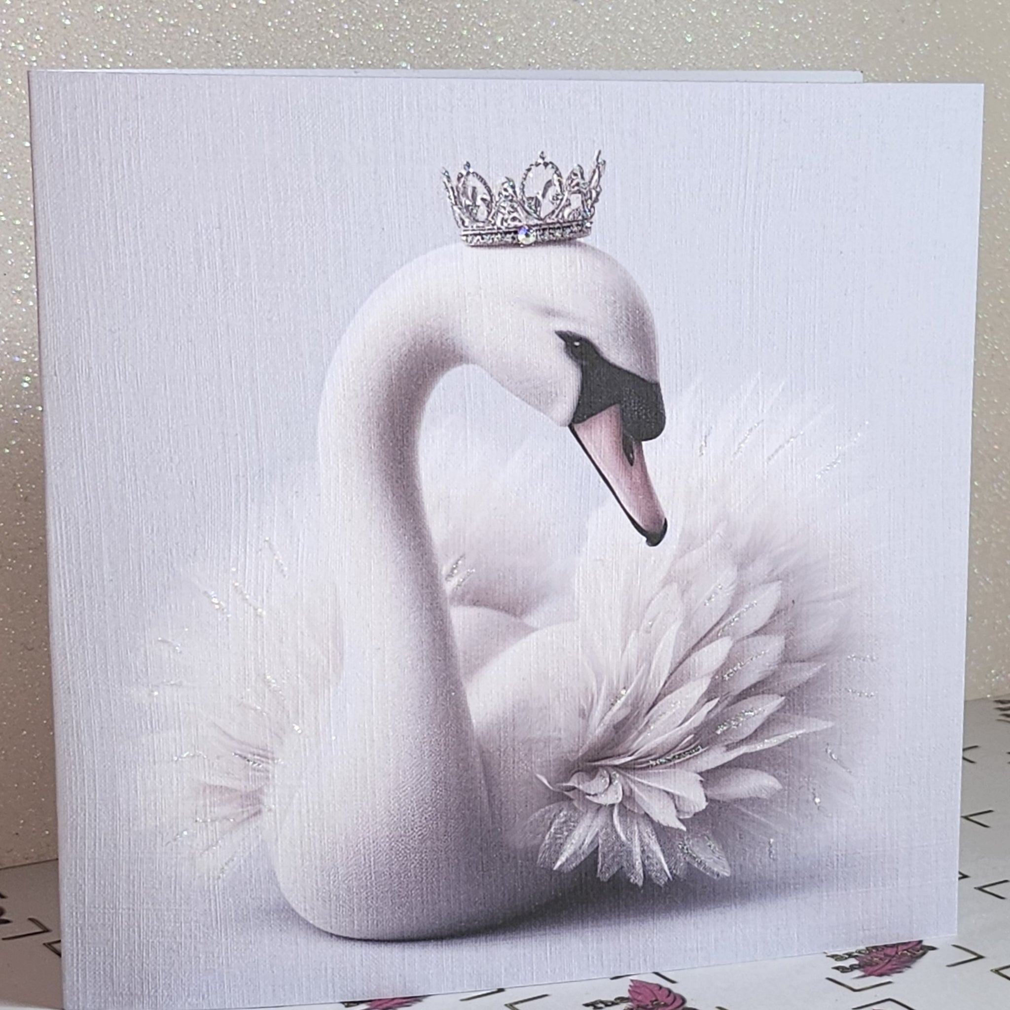 Swan Birthday Card Elegant Swan With Crown Swarovski Crystal Detail Glitter Mother's Day Handmade Linen Effect Card Square Free Delivery