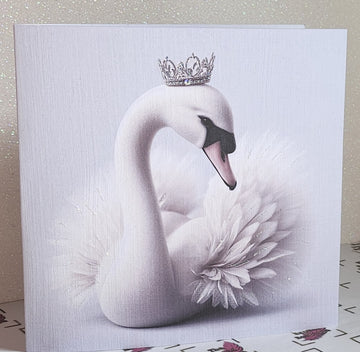 Swan Birthday Card Elegant Swan With Crown Swarovski Crystal Detail Glitter Mother's Day Handmade Linen Effect Card Square Free Delivery