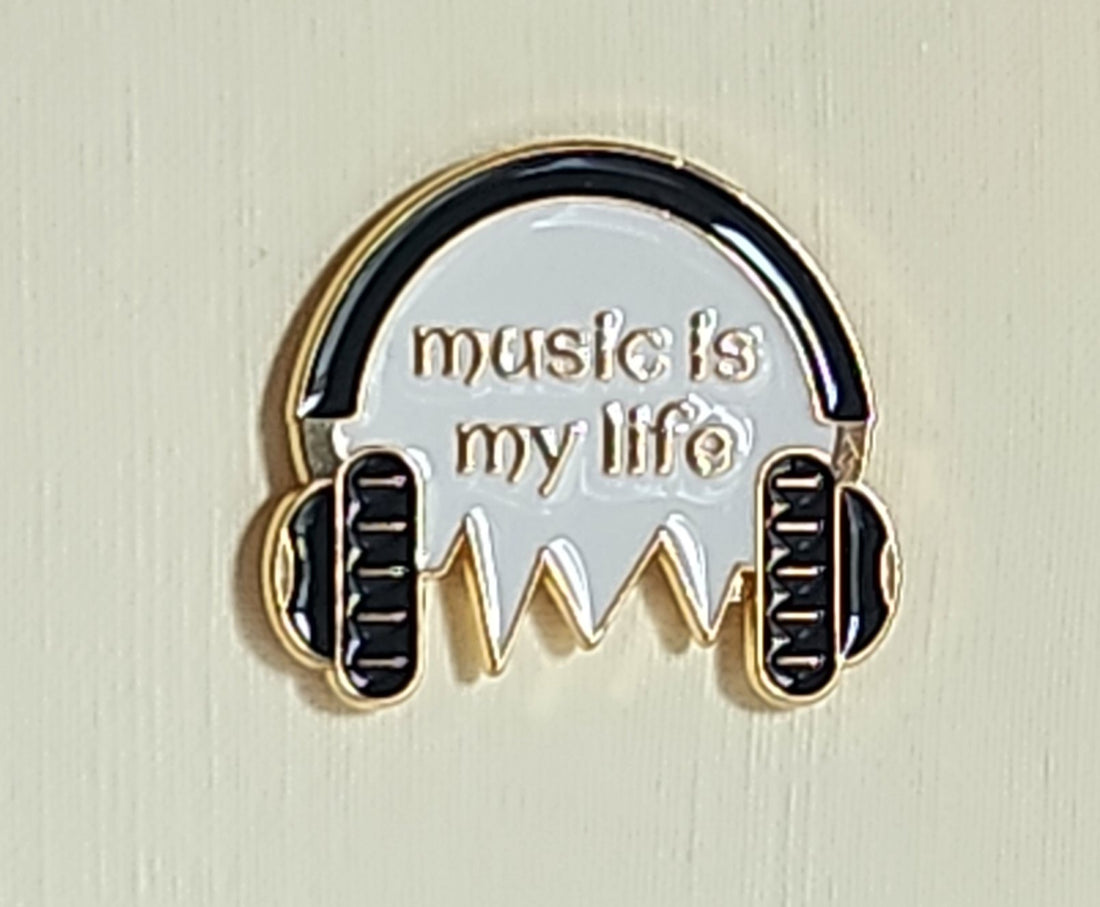 Enamel Pin Badge 'Music Is My Life' On Linen Effect Gift Card  Affirmation Positivity.