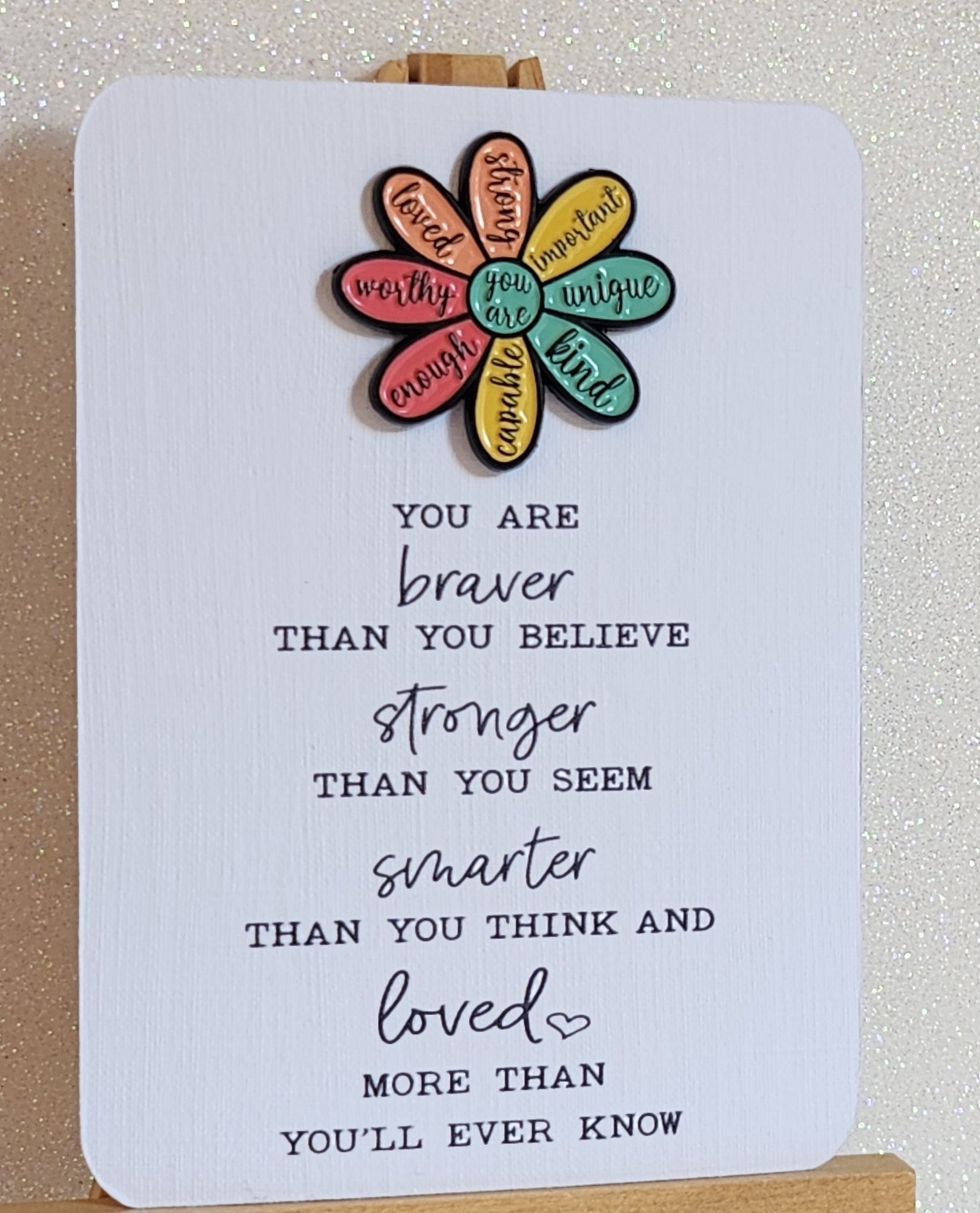 Positive Enamel Badge 'You Are Enough, Strong, Loved, Worthy' On Gift Card 'Braver Than You Believe'  Mental Health Self Love Suicide Prevention Fibro Enamel Flower Badge