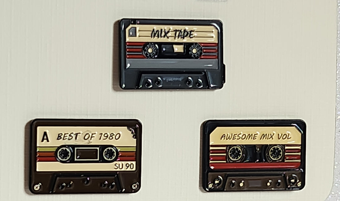 Enamel Pin Badge Mix Tape Set Of 3 On Linen Effect Gift Card 1980's