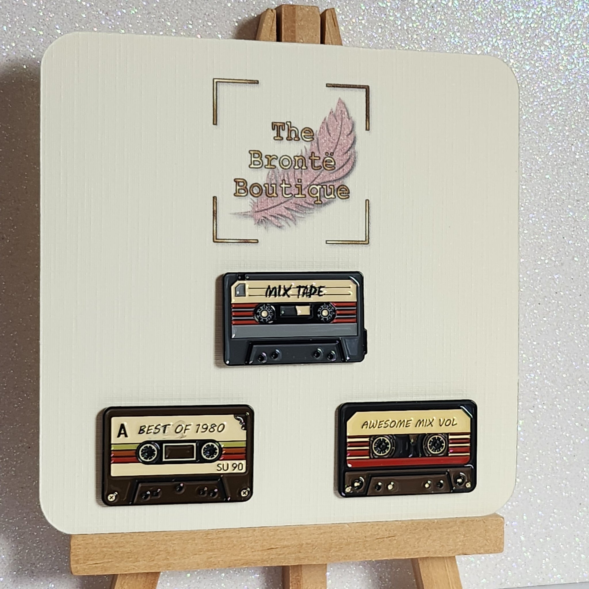 Enamel Pin Badge Mix Tape Set Of 3 On Linen Effect Gift Card 1980's