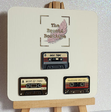 Enamel Pin Badge Mix Tape Set Of 3 On Linen Effect Gift Card 1980's