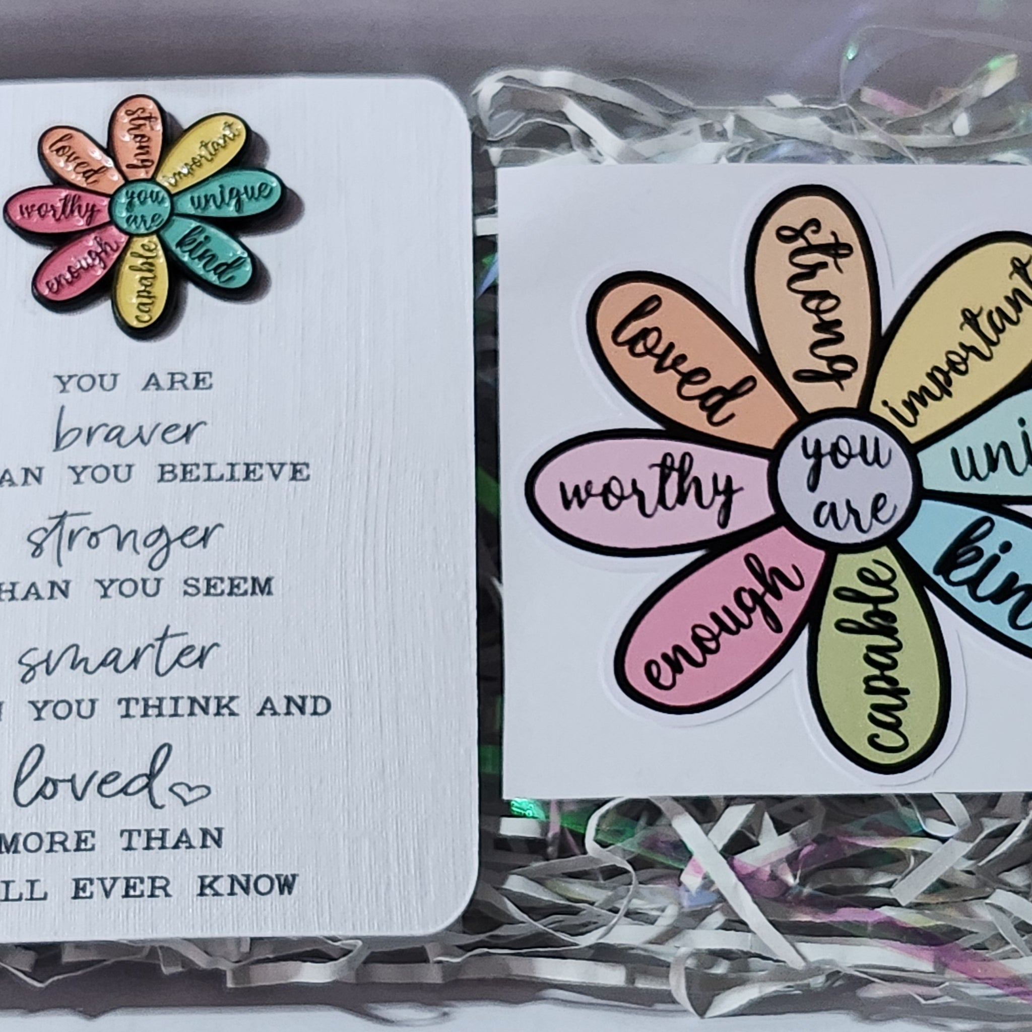 Mental Health Gift Box With Enamel Pin Badge 'You Are Unique, Kind, Capable, Enough, Worthy, Loved, Strong, Important' Flower Vinyl Sticker Positivity Personalised Gift Card Option Self Love