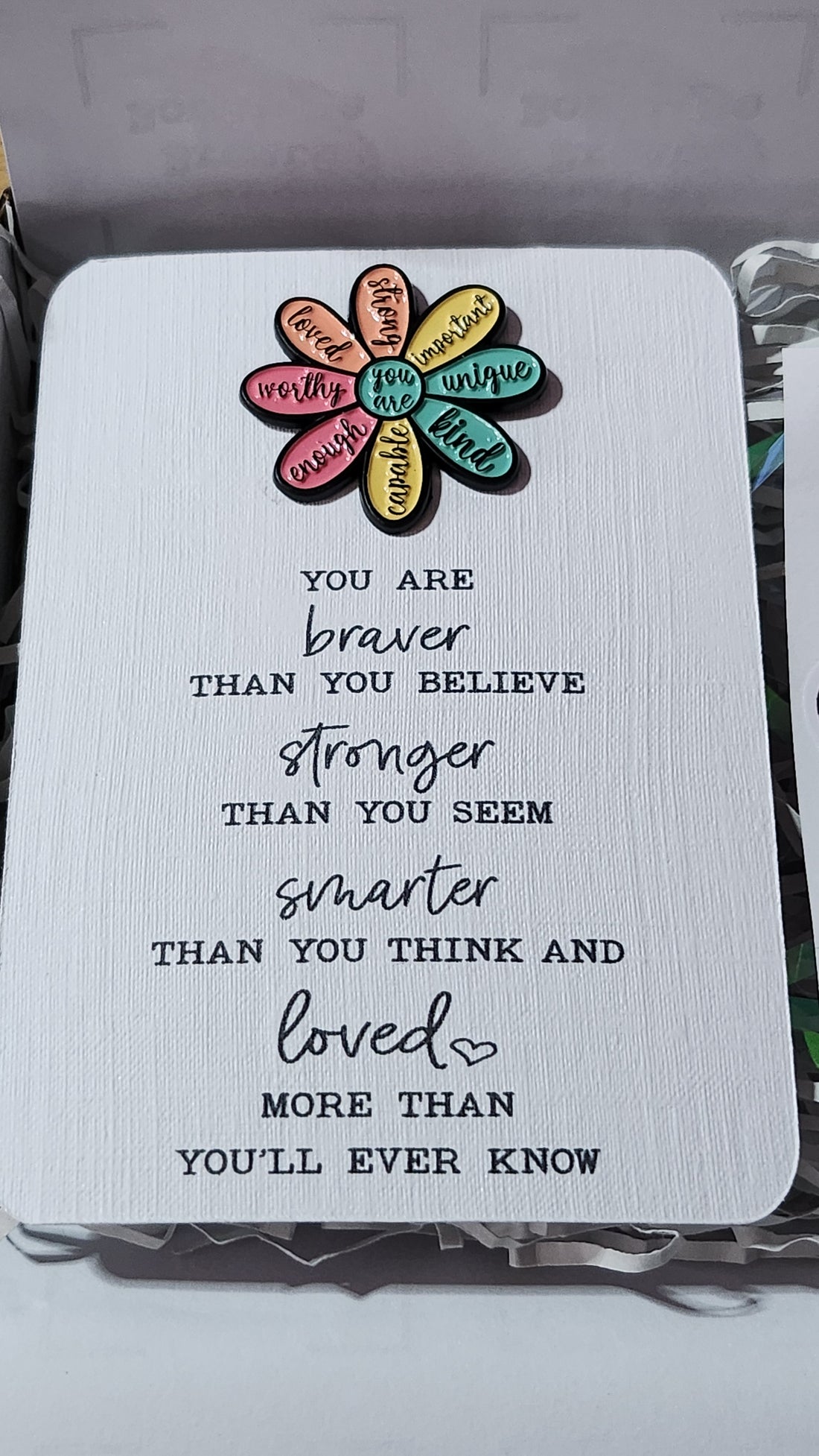 Mental Health Gift Box With Enamel Pin Badge 'You Are Unique, Kind, Capable, Enough, Worthy, Loved, Strong, Important' Flower Vinyl Sticker Positivity Personalised Gift Card Option Self Love