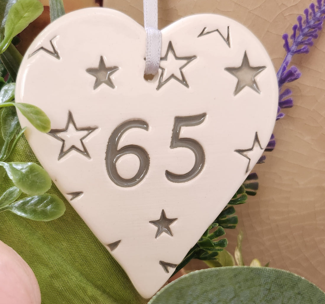 65th Birthday Handmade Ceramic Heart Light Grey Stars Detailing