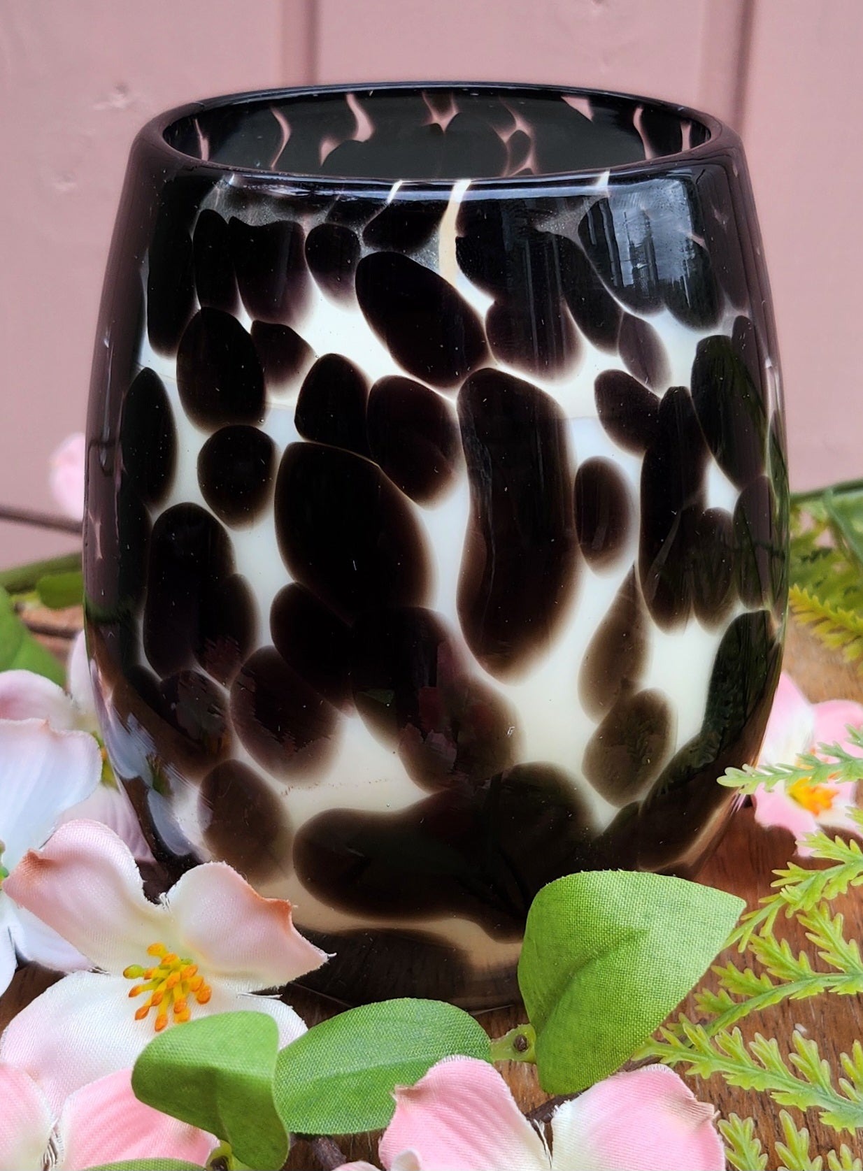 Cocosoy Luxury Scented Candle Handpoured Black Dalmation Print Stemless Wineglass Jar Citrus Coriander Fragrance