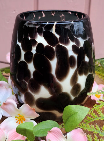 Cocosoy Luxury Scented Candle Handpoured Black Dalmation Print Stemless Wineglass Jar Citrus Coriander Fragrance