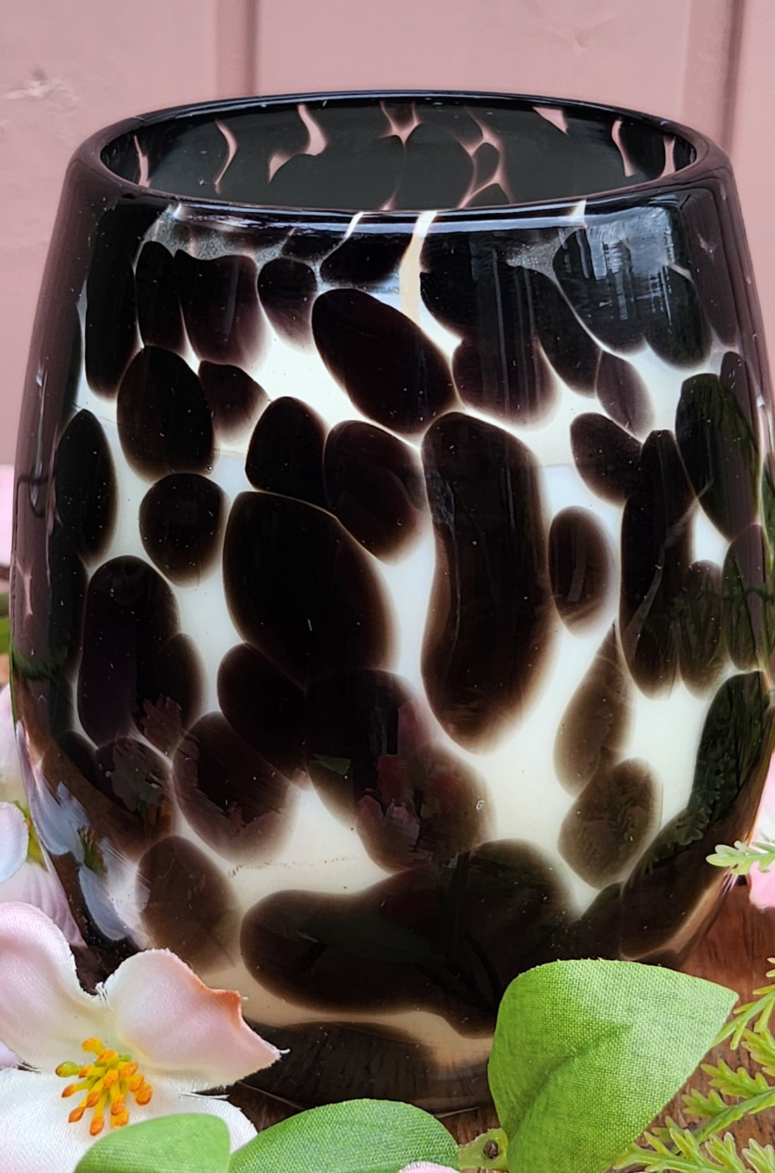 Cocosoy Luxury Scented Candle Handpoured Black Dalmation Print Stemless Wineglass Jar Citrus Coriander Fragrance