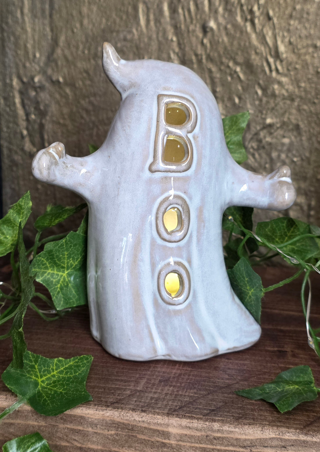 Ghost Boo Ceramic LED Light Up Ornament Autumn Halloween Decor.