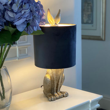 Hill Interiors Silver Hare Table Lamp With Grey Velvet Shade Handcrafted Unique Luxury Table Lamp