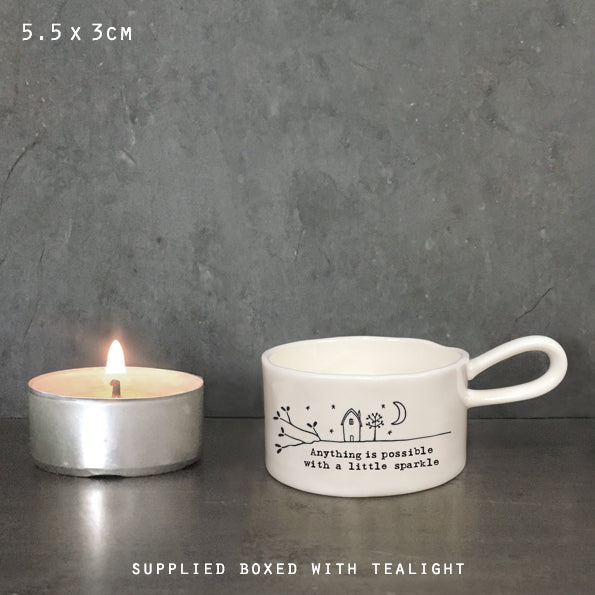 East Of India Tea Light Holder With Handle 'Anything Is Possible With A Little Sparkle' Porcelain Gift Boxed Tea Light Holder