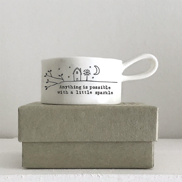 East Of India Tea Light Holder With Handle 'Anything Is Possible With A Little Sparkle' Porcelain Gift Boxed Tea Light Holder