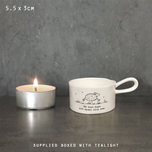 East Of India Tea Light Holder With Handle 'My Best Days Are Spent With Ewe' Porcelain Gift Boxed Tea Light Holder