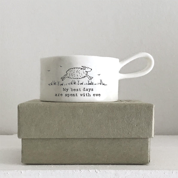East Of India Tea Light Holder With Handle 'My Best Days Are Spent With Ewe' Porcelain Gift Boxed Tea Light Holder