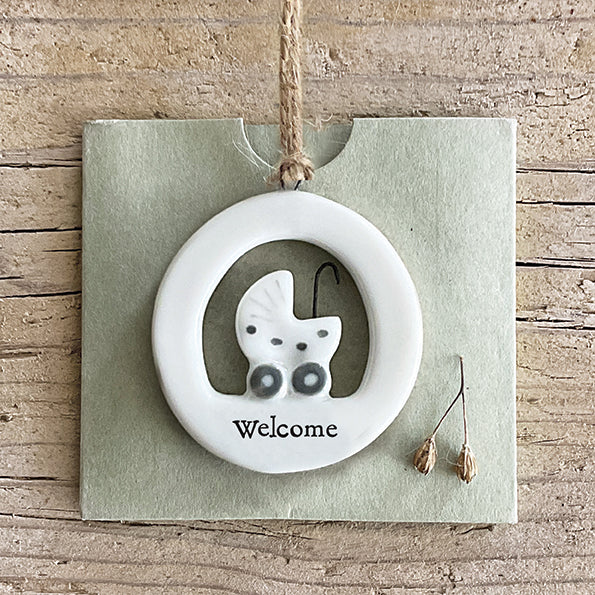 East Of India Porcelain Baby Gift Ceramic Pram 'Welcome' New Baby Girl/Boy.