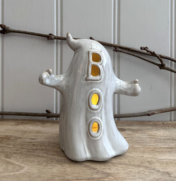 Ghost Boo Ceramic LED Light Up Ornament Autumn Halloween Decor.