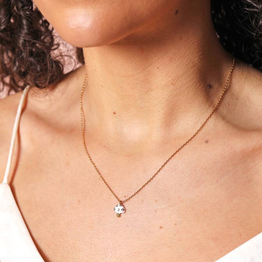 Lisa Angel White Enamel Mushroom Pendant Necklace in Gold.