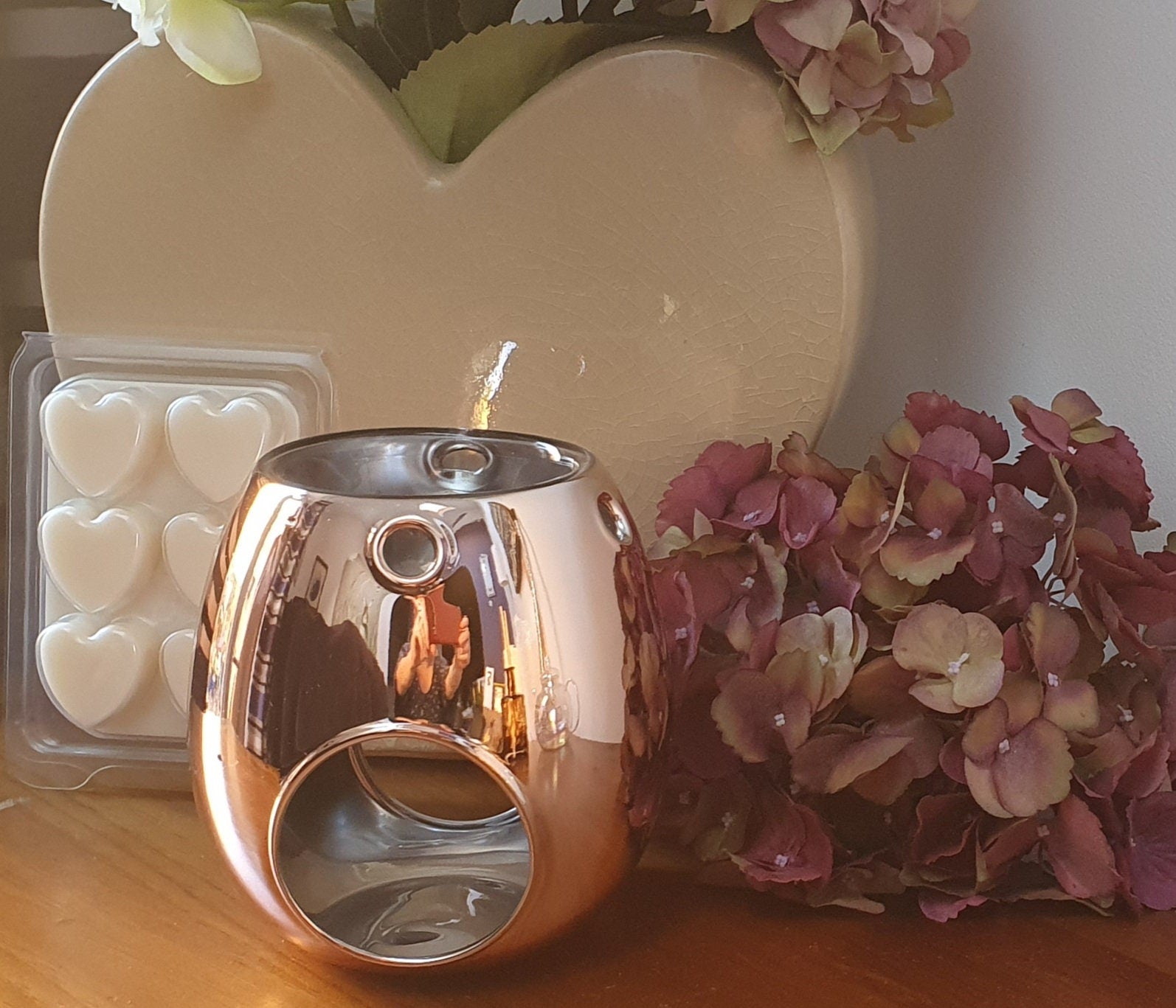 Gorgeous Rose Gold Wax Melt Burner With 4 Heart Shaped Wax Melts, Handpoured, Mother's Day, Gift Box, Birthday, Wedding, Anniversary