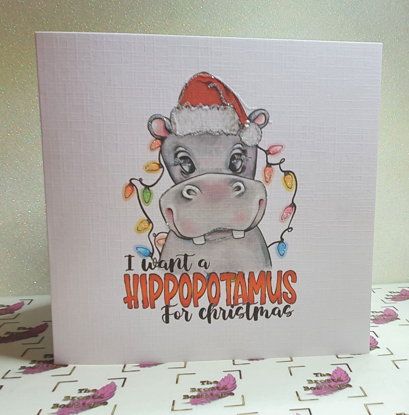 Hippo Christmas Card ' I Want A Hippopotamus for Christmas' Watercolour Hippo Swarovski Crystal Detail Glitter Linen Effect Free Delivery