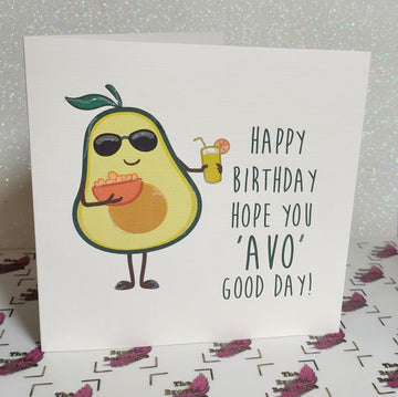 Birthday Card 'Happy Birthday Hope you 'Avo' Good Day' Watercolour Avocado Glitter Free Delivery