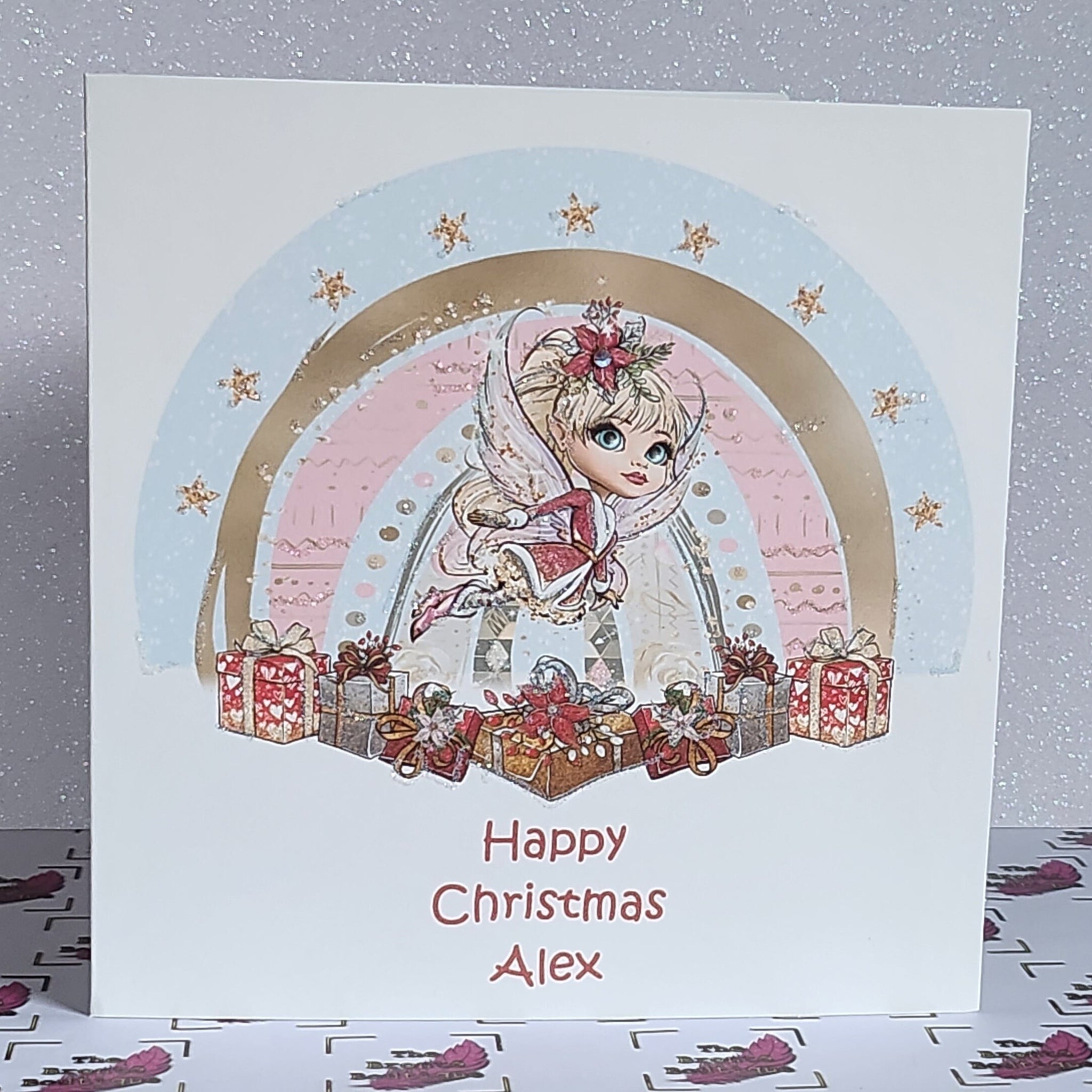 Personalised Fairy Christmas Card Choice Of Name Happy Christmas Pink Fairy Swarovski Crystal Glitter Gold Daughter Detail Free Delivery