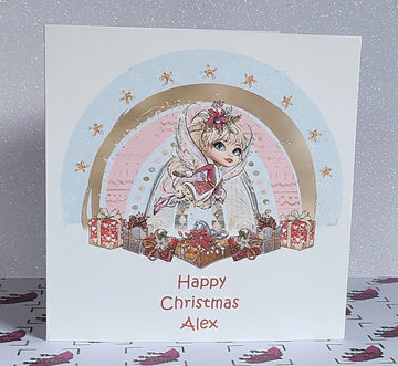 Personalised Fairy Christmas Card Choice Of Name Happy Christmas Pink Fairy Swarovski Crystal Glitter Gold Daughter Detail Free Delivery