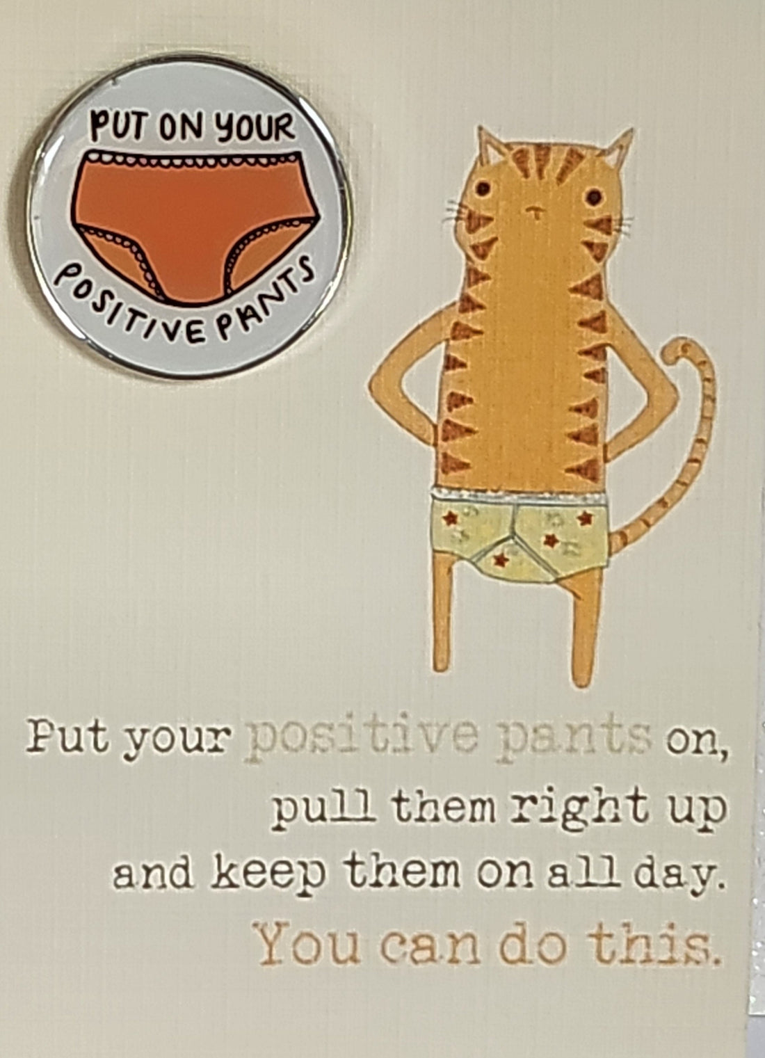 Positive Pants Enamel Badge On Gift Card Cat Affirmation Mental Health Breakup Put On Your Positive Pants Friendship Self Love Can Do This