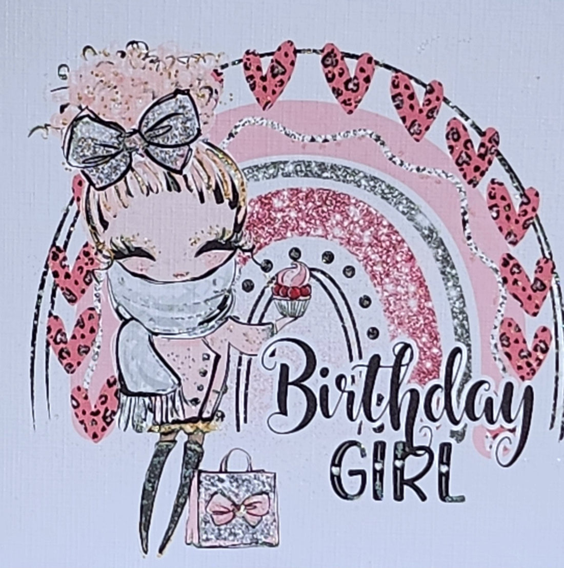 Birthday Girl Card Blonde Girl Pink Rainbow Swarovski Crystal Handbag  Square Messy Bun Glitter Happy Birthday Leopard Print Free Delivery