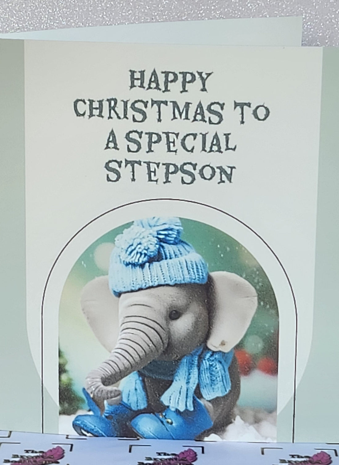 Special Stepson Christmas Card Happy Christmas To A Special Stepson Cute Baby Elephant In Blue Bobble Hat OOAK Unique Design Free Delivery