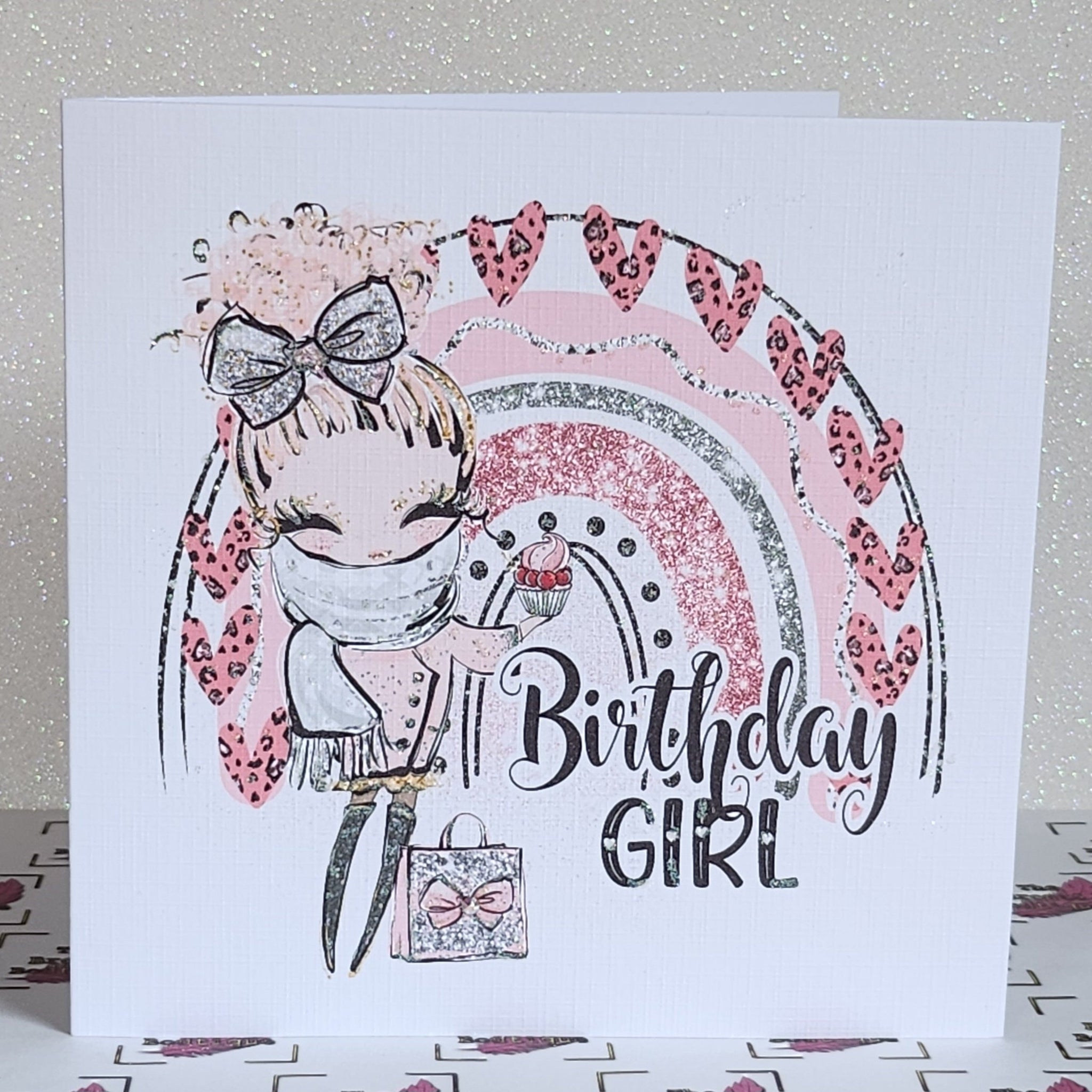 Birthday Girl Card Blonde Girl Pink Rainbow Swarovski Crystal Handbag  Square Messy Bun Glitter Happy Birthday Leopard Print Free Delivery